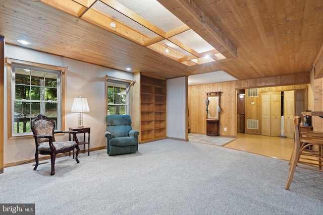 590 Vaught Dr, Front Royal, VA 22630 - sitting room with carpet floors, wood walls, wood ceiling, a skylight, and recessed lighting