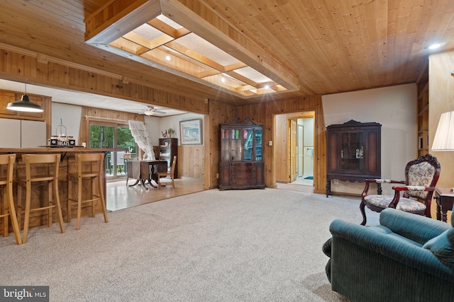 590 Vaught Dr, Front Royal, VA 22630 - carpeted living room with wood walls, wooden ceiling, recessed lighting, and ceiling fan