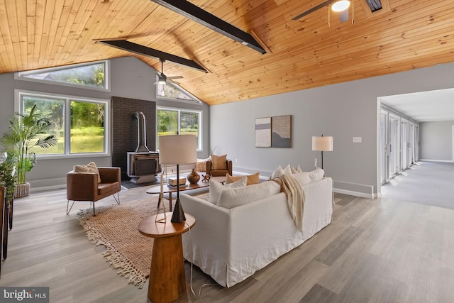 708 E Seminary, Towson, MD 21286 - living room featuring a wood stove, wooden ceiling, a ceiling fan, lofted ceiling, and wood finished floors