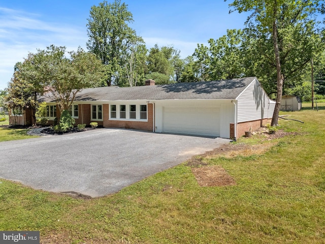 708 E Seminary, Towson, MD 21286 - ranch-style house with brick siding, asphalt driveway, a garage, a front lawn, and a chimney
