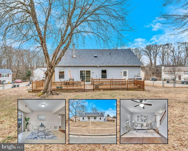 9216 Spring Acres Rd, Clinton, MD 20735 - rear view of house with a wooden deck, a patio, a ceiling fan, and roof with shingles