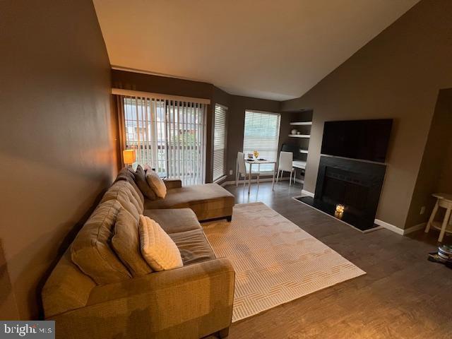12163 Penderview Ter Unit 1034, Fairfax, VA 22033 - living room featuring lofted ceiling, wood finished floors, and a fireplace