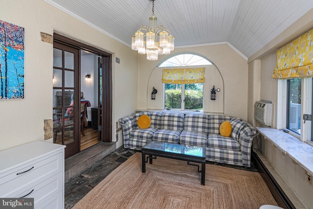 722 River Rd, Ewing, NJ 08628 - living area featuring crown molding, a chandelier, and lofted ceiling