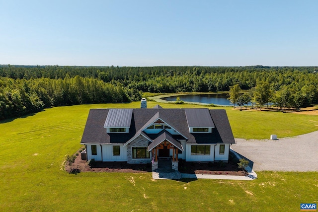 1 Cross County Rd, Mineral, VA 23117 - view of front of property featuring a water view, a chimney, a view of trees, and a front lawn