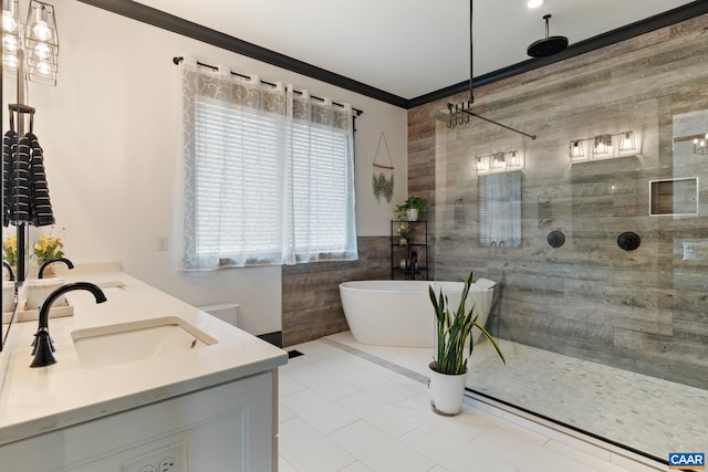 1 Cross County Rd, Mineral, VA 23117 - full bathroom with tile walls, double vanity, a freestanding bath, a walk in shower, and ornamental molding