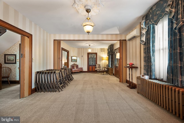 2505-2507 High St, Port Norris, NJ 08349 - hallway featuring wallpapered walls, an AC wall unit, radiator, and carpet flooring
