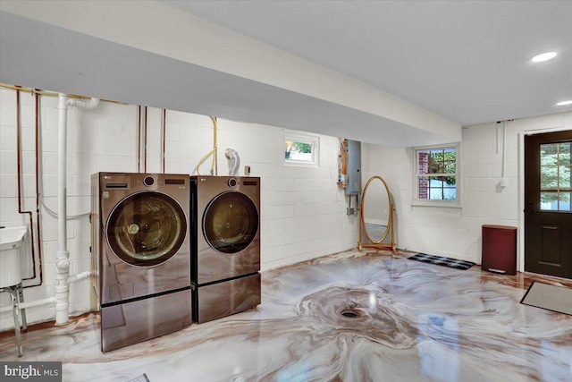 109 Wyomissing Blvd, Wyomissing, PA 19610 - laundry room featuring concrete block wall, independent washer and dryer, electric panel, and recessed lighting