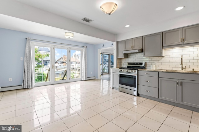 935 Mallard Dr, Lanoka Harbor, NJ 08734 - kitchen with stainless steel range with gas cooktop, gray cabinetry, under cabinet range hood, decorative backsplash, and recessed lighting