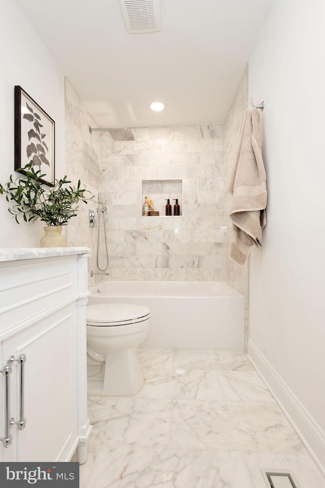 19023 Staleybridge Rd, Germantown, MD 20876 - bathroom featuring vanity, bathtub / shower combination, recessed lighting, and marble finish floors