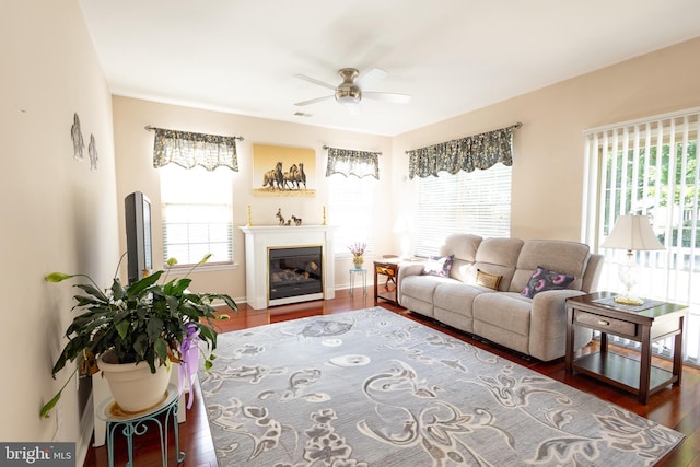 39 Mission Way, Barnegat, NJ 08005 - living room featuring plenty of natural light, ceiling fan, wood finished floors, and a glass covered fireplace
