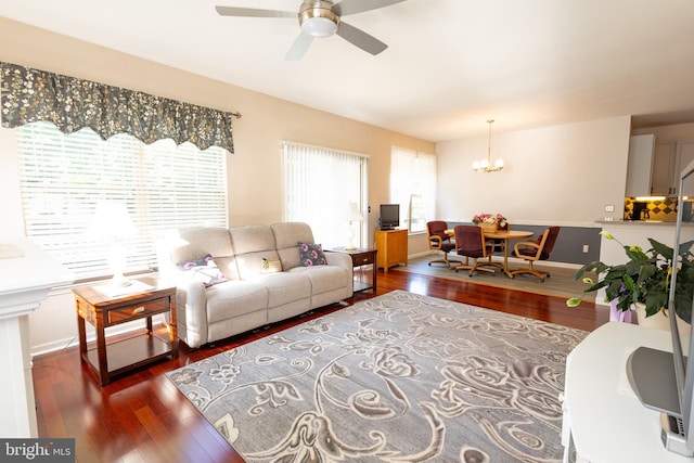 39 Mission Way, Barnegat, NJ 08005 - living room featuring wood finished floors, a ceiling fan, and a chandelier