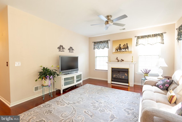 39 Mission Way, Barnegat, NJ 08005 - living room featuring a ceiling fan, wood finished floors, and a glass covered fireplace