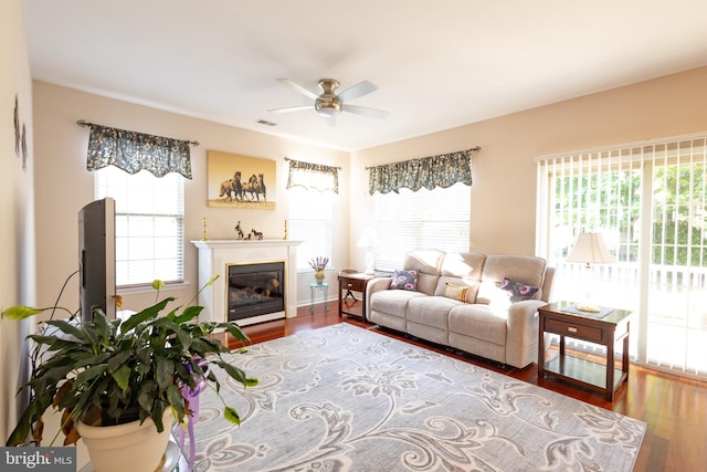 39 Mission Way, Barnegat, NJ 08005 - living room with ceiling fan, wood finished floors, and a glass covered fireplace