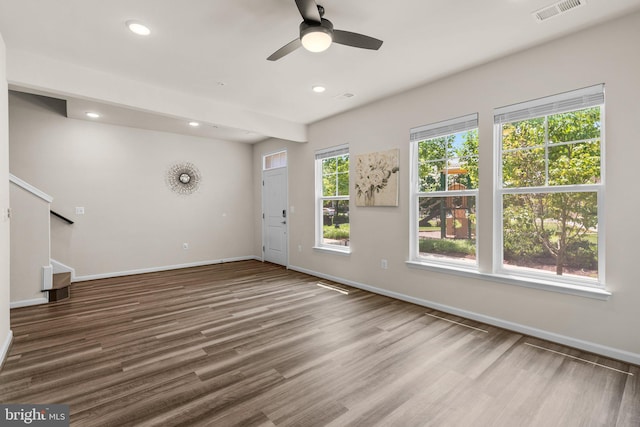 20318 Peacemaker Dr, Germantown, MD 20874 - unfurnished living room featuring wood finished floors, stairway, recessed lighting, and ceiling fan
