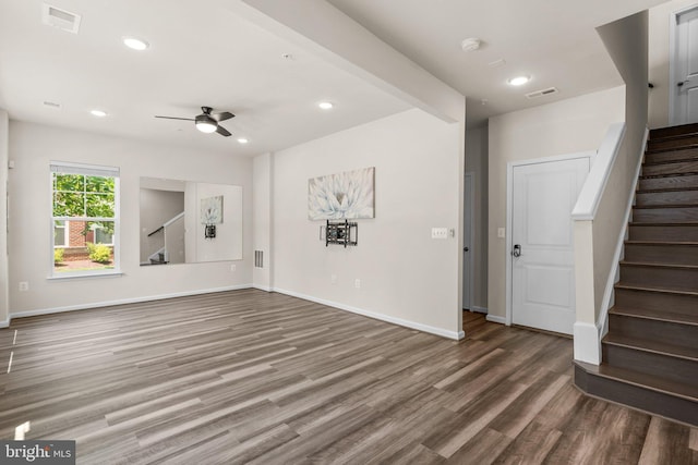 20318 Peacemaker Dr, Germantown, MD 20874 - unfurnished living room featuring wood finished floors, stairway, a ceiling fan, and recessed lighting