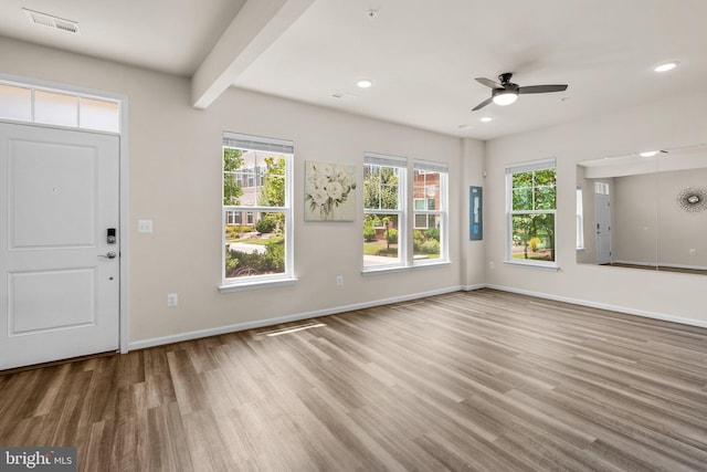 20318 Peacemaker Dr, Germantown, MD 20874 - foyer entrance featuring wood finished floors, a ceiling fan, recessed lighting, and beamed ceiling