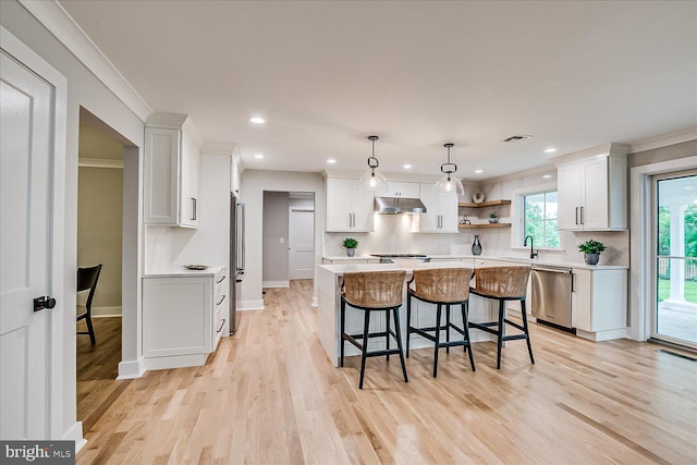 569 Riverside Dr, Princeton, NJ 08540 - kitchen featuring under cabinet range hood, stainless steel appliances, light wood finished floors, white cabinetry, and ornamental molding