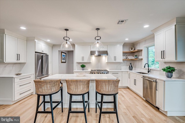 569 Riverside Dr, Princeton, NJ 08540 - kitchen featuring under cabinet range hood, stainless steel appliances, a kitchen island, a breakfast bar, and light wood finished floors