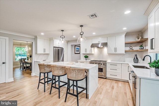 569 Riverside Dr, Princeton, NJ 08540 - kitchen featuring high quality appliances, under cabinet range hood, light countertops, a kitchen bar, and recessed lighting