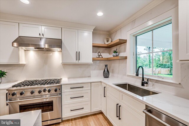 569 Riverside Dr, Princeton, NJ 08540 - kitchen with appliances with stainless steel finishes, under cabinet range hood, decorative backsplash, white cabinetry, and light wood-style flooring