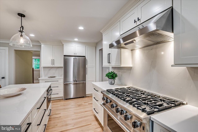 569 Riverside Dr, Princeton, NJ 08540 - kitchen featuring stainless steel appliances, under cabinet range hood, white cabinets, decorative backsplash, and recessed lighting