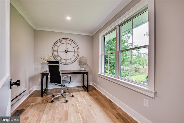 569 Riverside Dr, Princeton, NJ 08540 - office area with crown molding, wood finished floors, a baseboard radiator, and recessed lighting