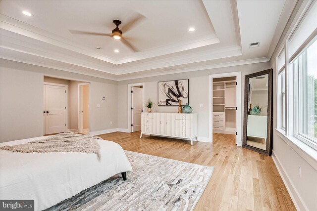 569 Riverside Dr, Princeton, NJ 08540 - bedroom featuring a tray ceiling, ornamental molding, light wood finished floors, recessed lighting, and a walk in closet