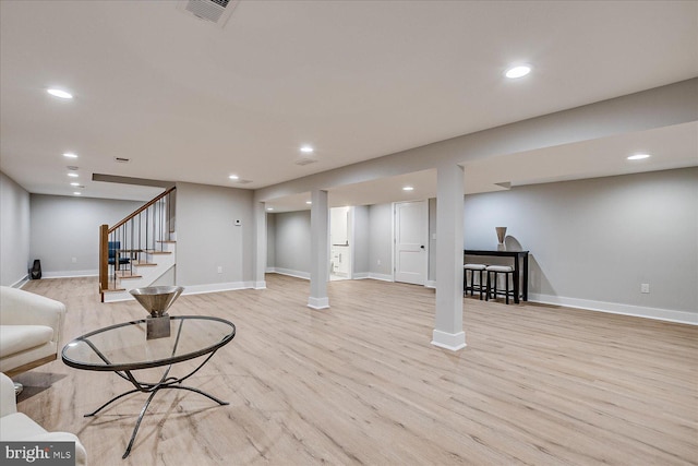 569 Riverside Dr, Princeton, NJ 08540 - living area featuring stairs, light wood finished floors, and recessed lighting