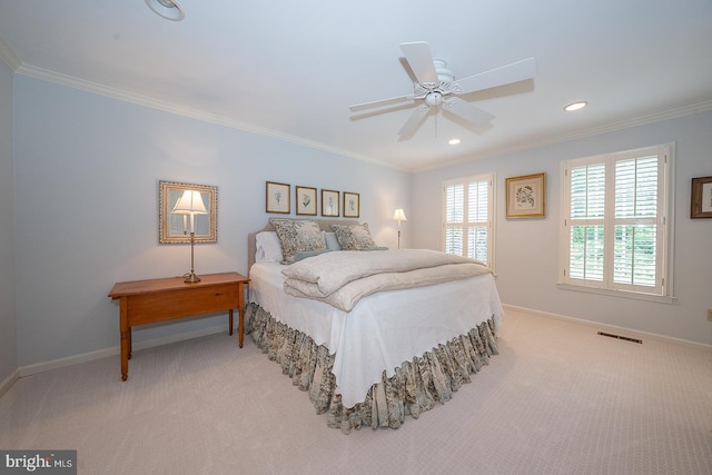 431 Waynesbrooke Rd, Berwyn, PA 19312 - bedroom with light colored carpet, recessed lighting, ornamental molding, and ceiling fan
