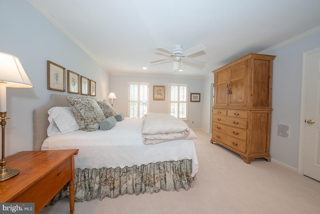431 Waynesbrooke Rd, Berwyn, PA 19312 - bedroom with ornamental molding, light carpet, and ceiling fan