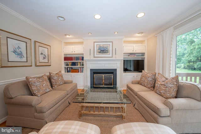 431 Waynesbrooke Rd, Berwyn, PA 19312 - living area with ornamental molding, a glass covered fireplace, and recessed lighting