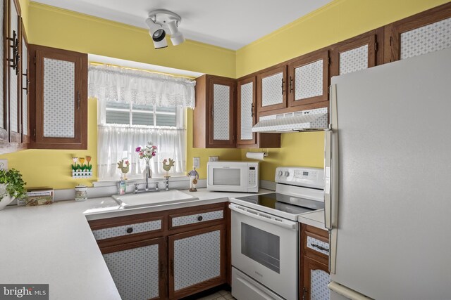 59 Saint Davids Pl, Southampton, NJ 08088 - kitchen featuring white appliances, under cabinet range hood, light countertops, and glass insert cabinets