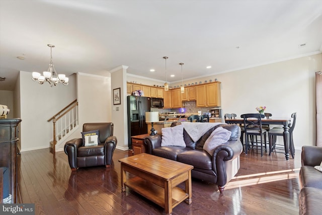300 Jefferson Ave Unit 13, Downingtown, PA 19335 - living room featuring dark wood-type flooring, a chandelier, recessed lighting, ornamental molding, and stairs