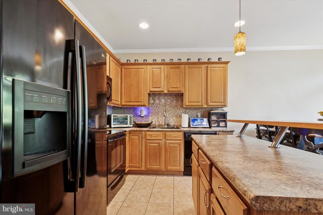 300 Jefferson Ave Unit 13, Downingtown, PA 19335 - kitchen with black appliances, crown molding, tasteful backsplash, light tile patterned floors, and pendant lighting