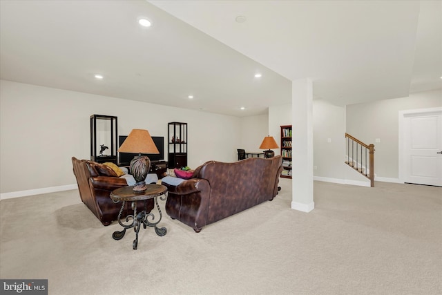 6071 Fallfish Ct, New Market, MD 21774 - carpeted living room with stairway and recessed lighting