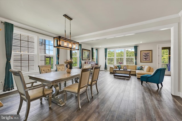 6071 Fallfish Ct, New Market, MD 21774 - dining area featuring dark wood finished floors, ornamental molding, a chandelier, and recessed lighting