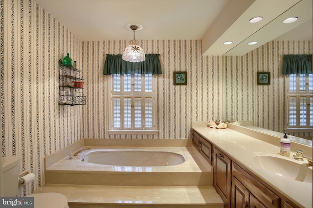 1177 Draymore Ct, Hummelstown, PA 17036 - bathroom featuring wallpapered walls, a garden tub, vanity, and recessed lighting