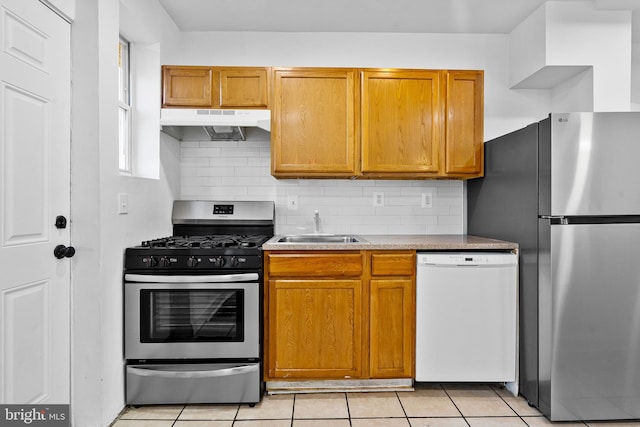 3402 Elmley Ave, Baltimore, MD 21213 - kitchen with stainless steel appliances, under cabinet range hood, backsplash, and light tile patterned floors
