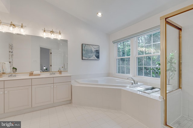 2153 Wolftrap Ct, Vienna, VA 22182 - full bathroom with lofted ceiling, a garden tub, double vanity, tile patterned flooring, and a stall shower