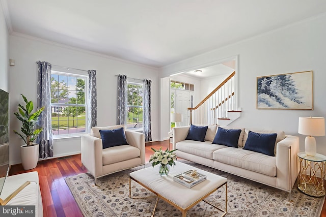 3960 Mountain View Ave, Easton, PA 18045 - living room featuring wood finished floors, ornamental molding, and stairway