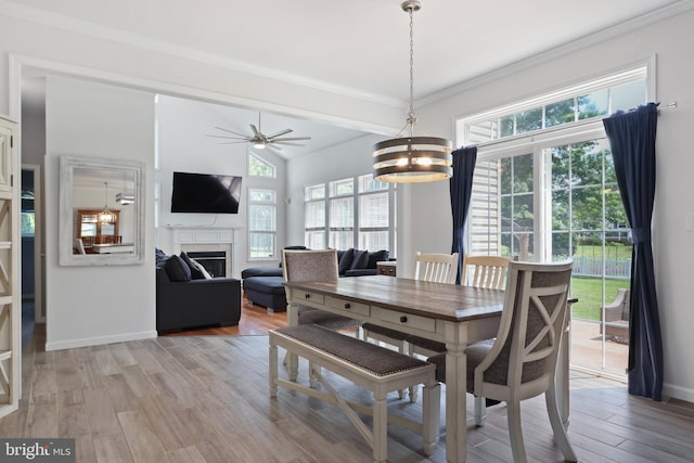 3960 Mountain View Ave, Easton, PA 18045 - dining room featuring light wood-style flooring, a fireplace, ornamental molding, ceiling fan, and a chandelier