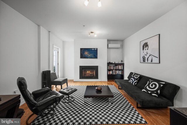 210 S High St, Baltimore, MD 21202 - living area with wood finished floors, a glass covered fireplace, and a wall unit AC