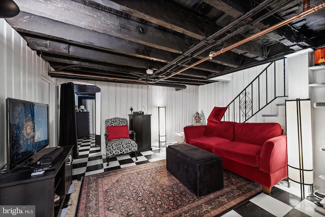 210 S High St, Baltimore, MD 21202 - living room featuring stairs and tile patterned floors
