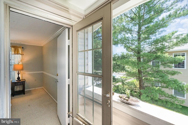 7823 Harrowgate Cir Unit D, Springfield, VA 22152 - doorway to outside featuring crown molding and carpet