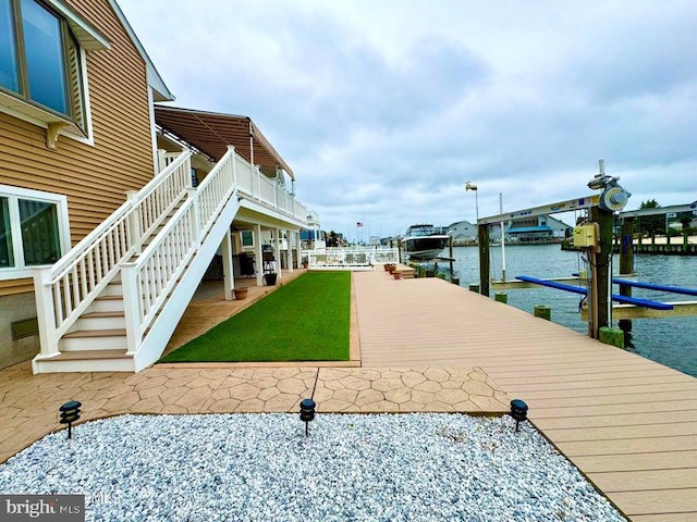 953 Capstan Dr, Forked River, NJ 08731 - dock featuring boat lift, a water view, and stairs
