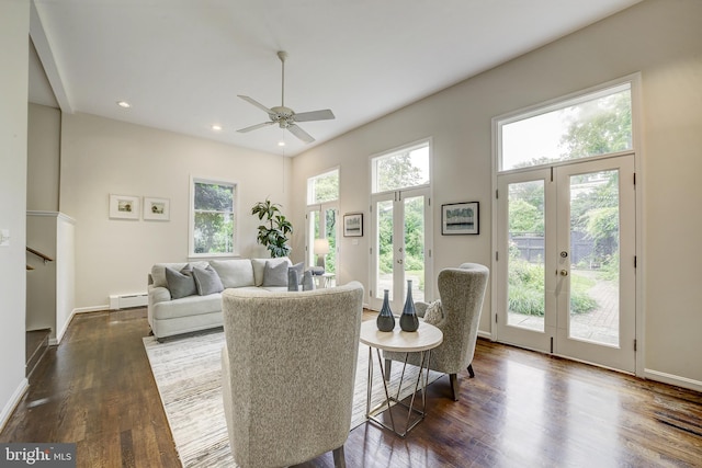 4110 Ingomar St NW, Washington, DC 20015 - living room featuring french doors, baseboard heating, dark wood finished floors, ceiling fan, and recessed lighting
