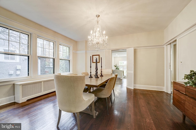 4110 Ingomar St NW, Washington, DC 20015 - dining area with radiator, a chandelier, and dark wood-style floors