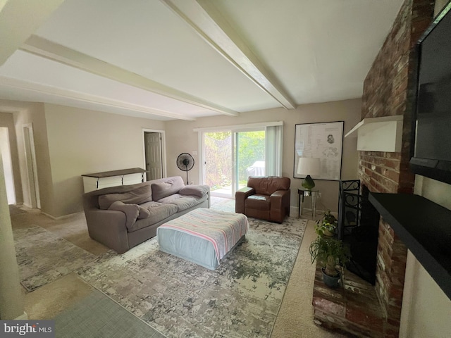 203 Spring Dr, Voorhees, NJ 08043 - living room with carpet, beamed ceiling, and a brick fireplace
