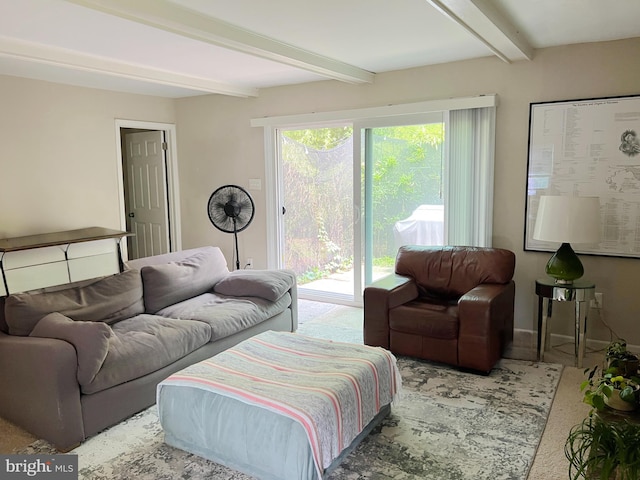 203 Spring Dr, Voorhees, NJ 08043 - carpeted living room featuring beam ceiling