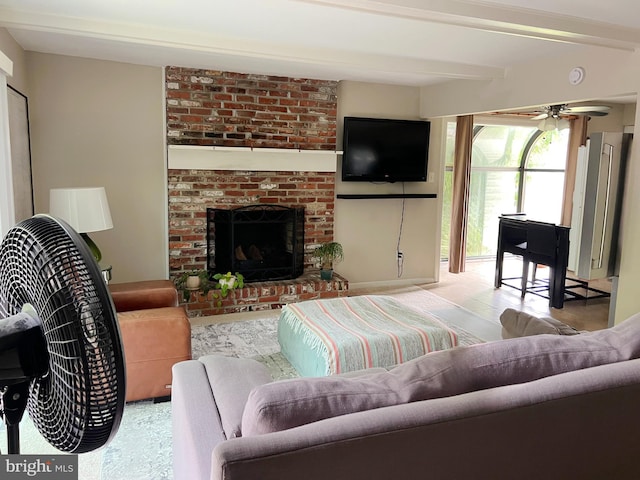 203 Spring Dr, Voorhees, NJ 08043 - living room with ceiling fan, beam ceiling, and a fireplace